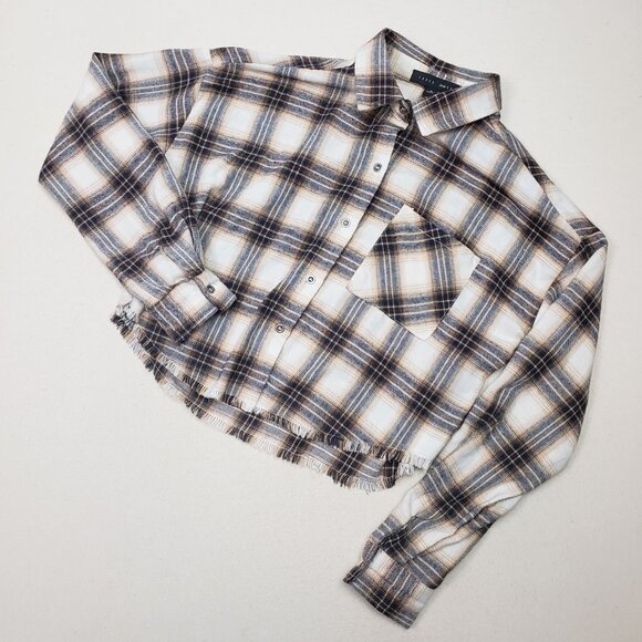 Faded Rose Women's Frayed Cropped Plaid Flannel Tan/Brown/Gold Shirt Sz S NEW!!! - Picture 1 of 8
